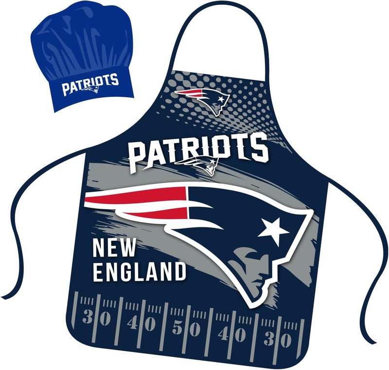 Mojo Licensing New England Patriots Apron Chef Hat Set Full Color Universal Size Tie Back Grilling Tailgate BBQ Cooking Host - Image 1